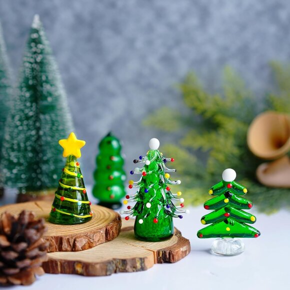 Set 4 Blown Glass Christmas Tree Figurine Art Glass Statue Holiday Decoration - Picture 6 of 8